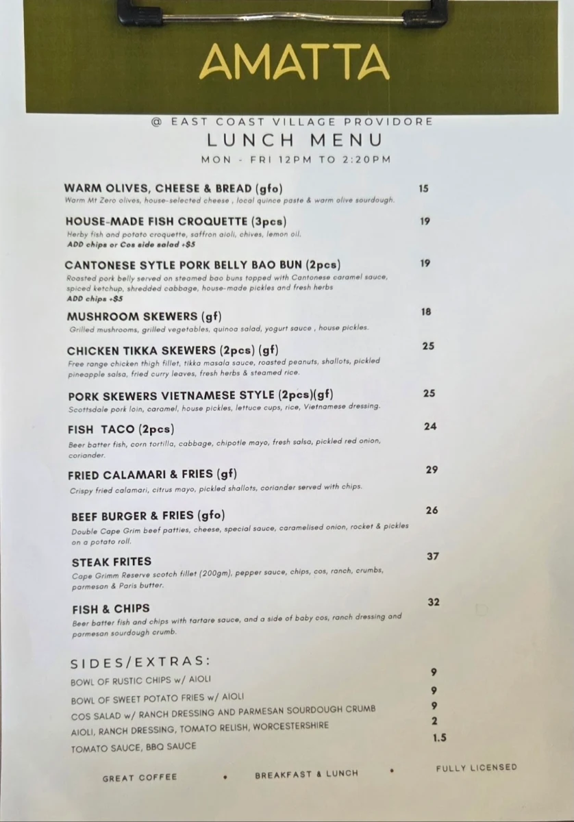 Menu, East Coast Village Providore