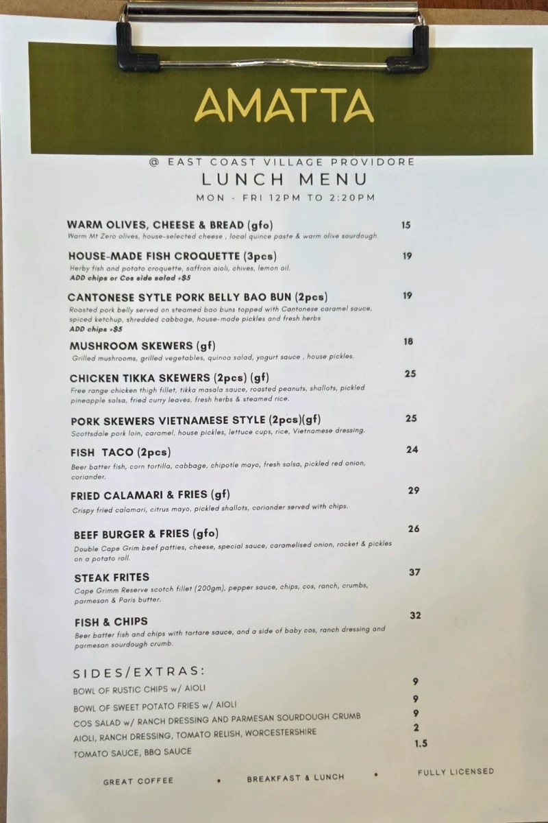 Menu, East Coast Village Providore