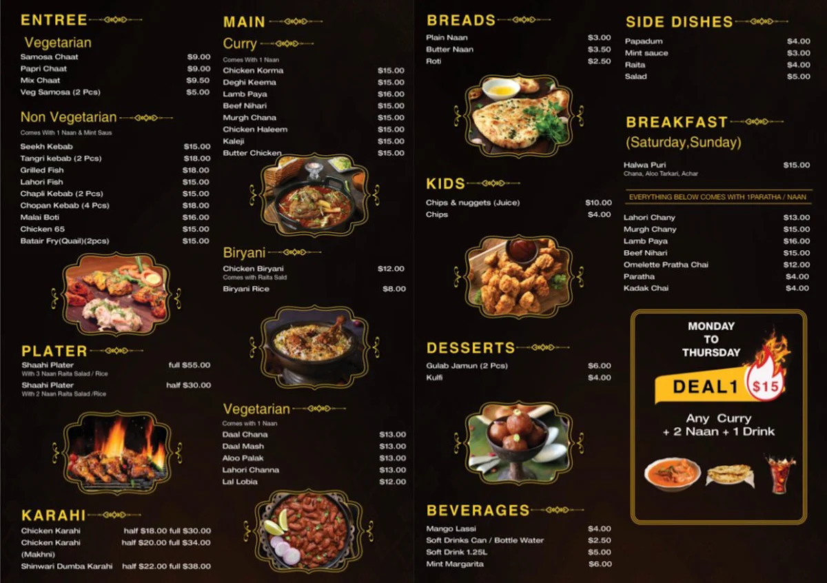 Menu, Shaahi Lounge