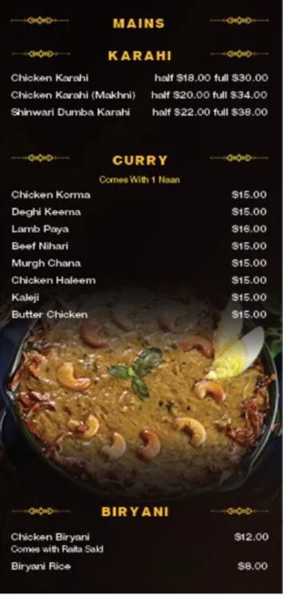 Menu, Shaahi Lounge