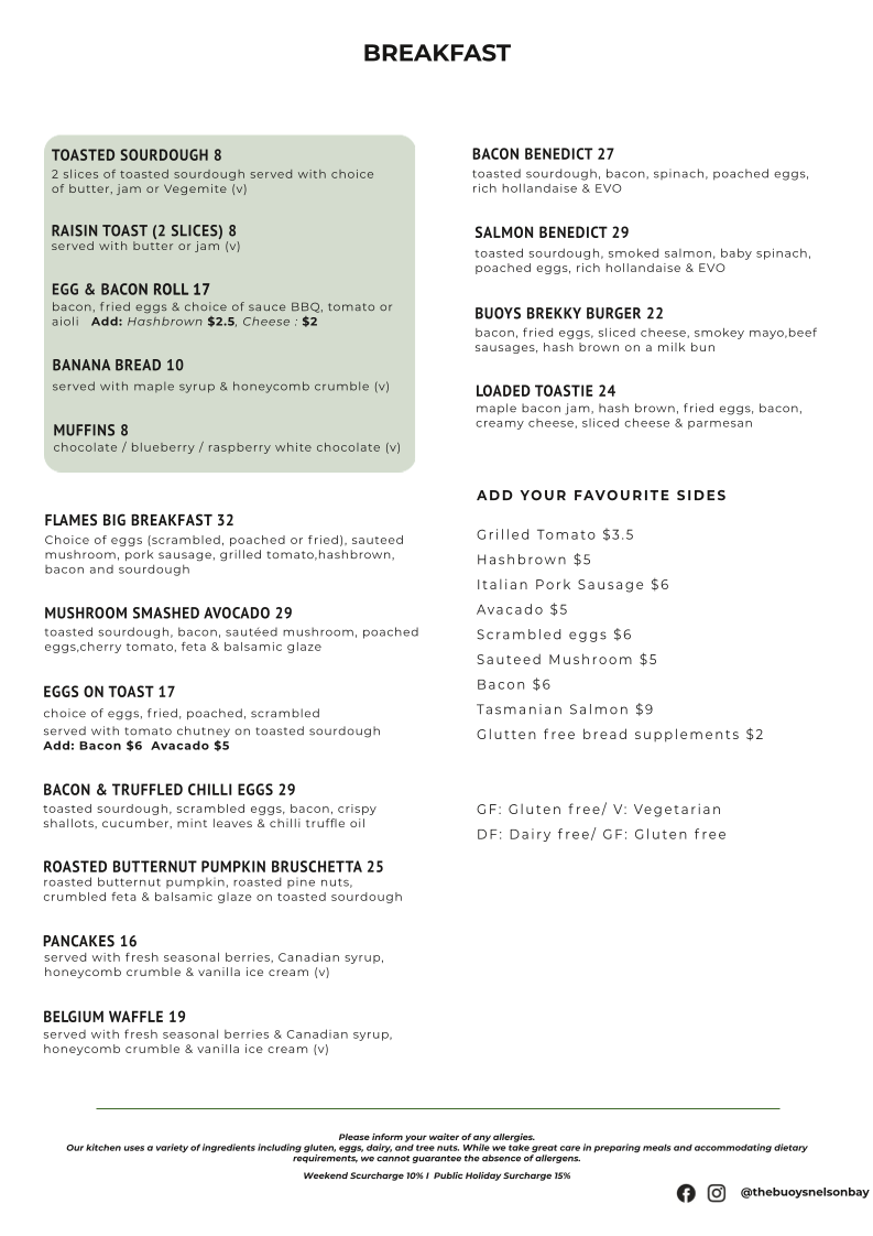 Menu, The Buoys Nelson Bay - Restaurant, Cafe And Bar