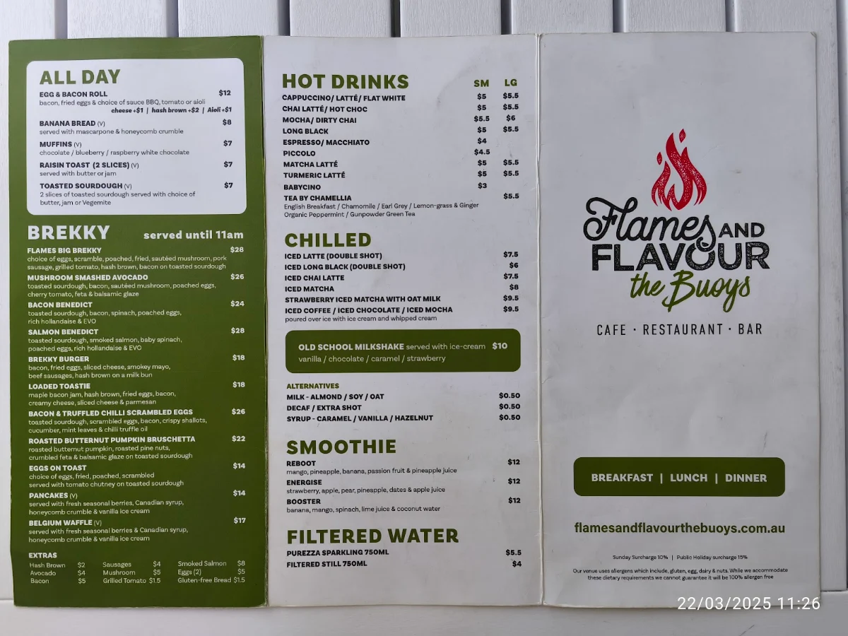 Menu, The Buoys Nelson Bay - Restaurant, Cafe And Bar