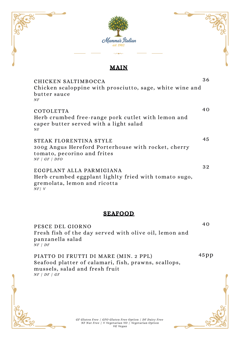Menu, Mamma's Italian