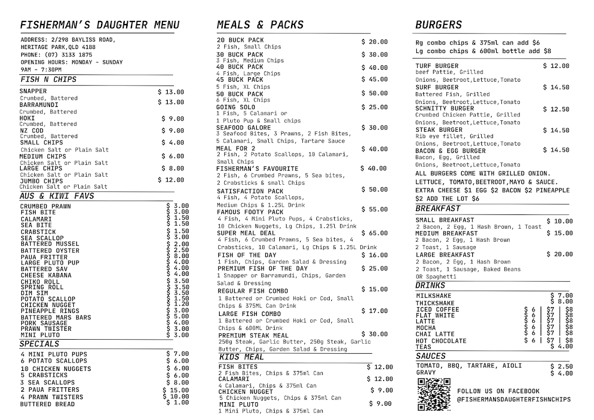 Menu, Fisherman's Daughter Fish 'n' Chips