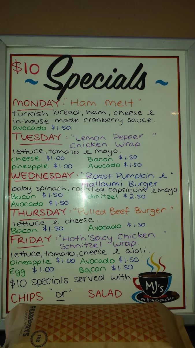 Menu, AJ’s at Honeysuckle