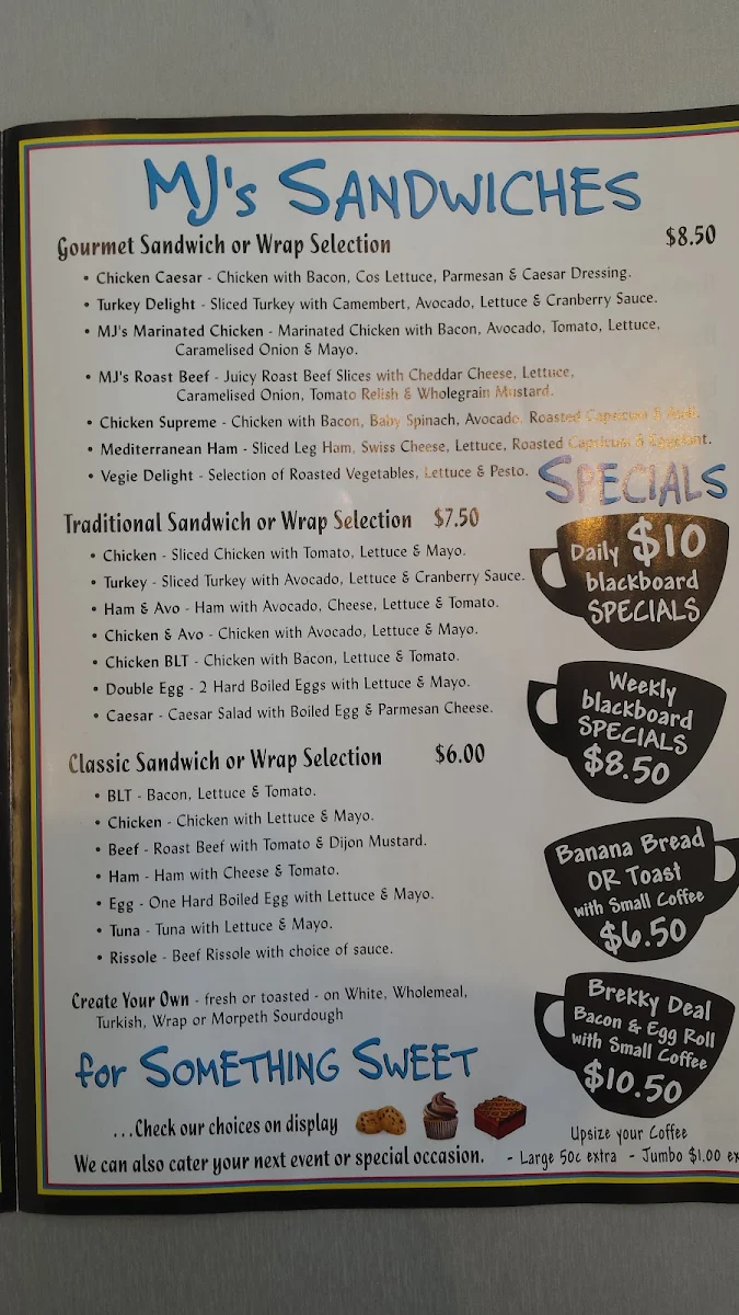 Menu, AJ’s at Honeysuckle