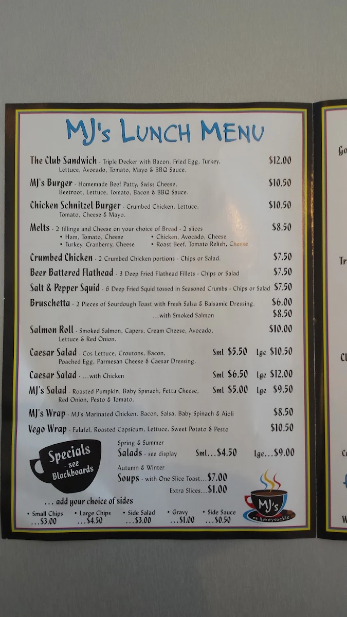 Menu, AJ’s at Honeysuckle