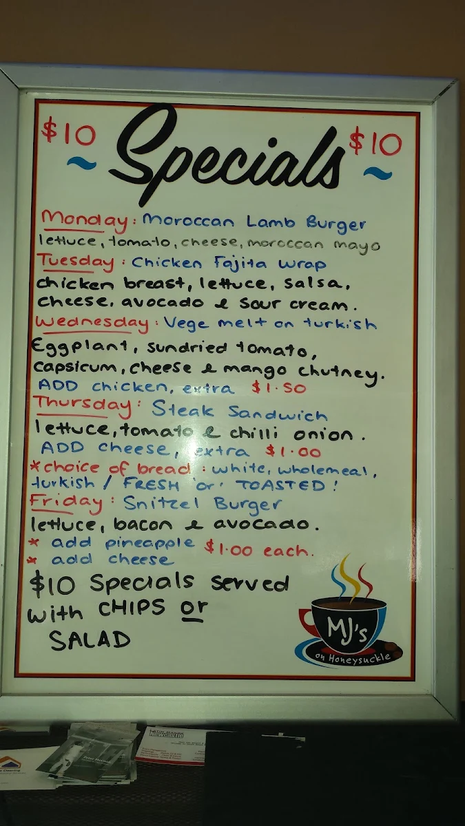 Menu, AJ’s at Honeysuckle