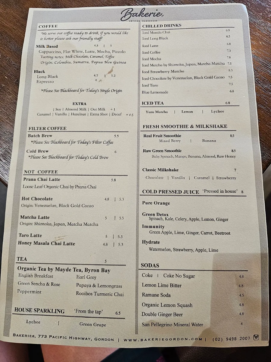 Menu, Bakerie@
