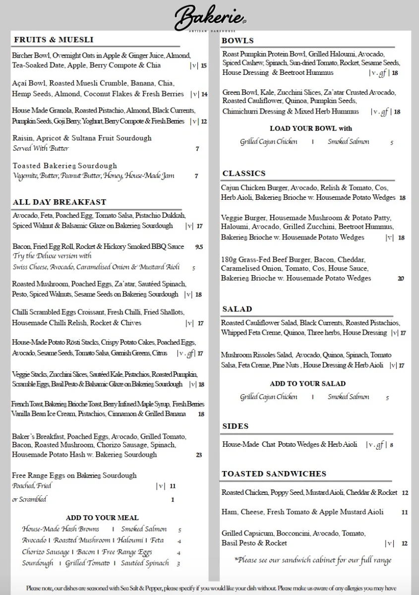 Menu, Bakerie@
