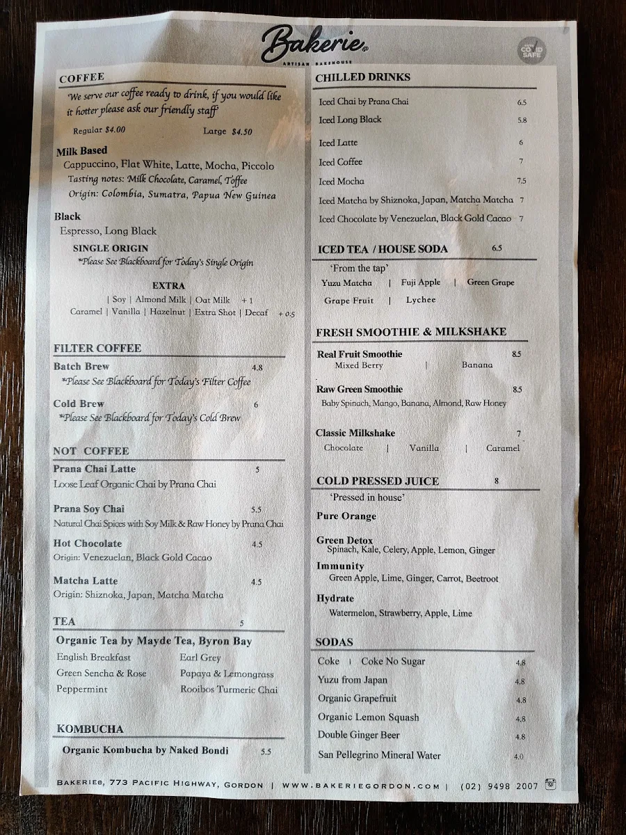 Menu, Bakerie@