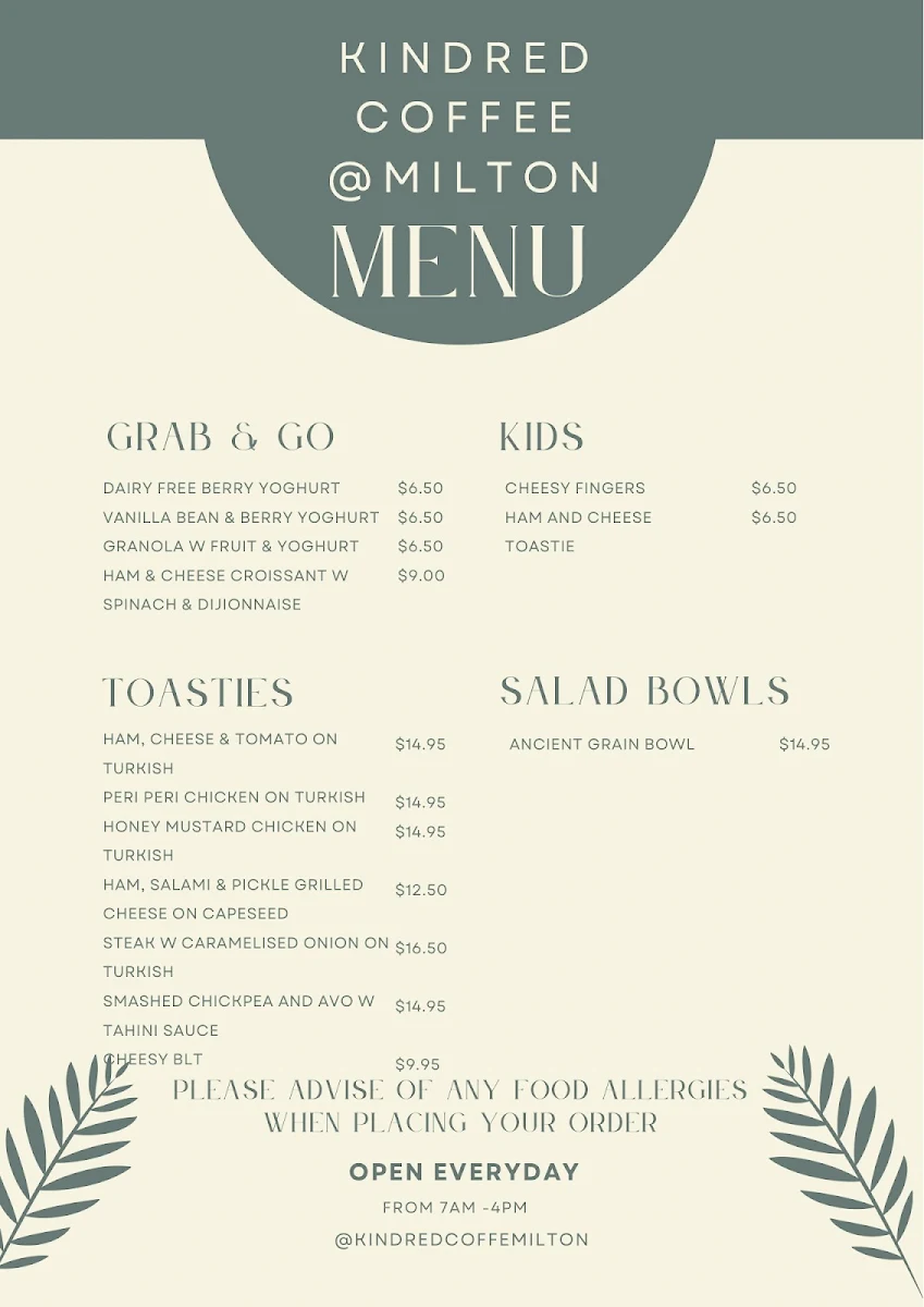 Menu, Kindred Coffee @ Milton