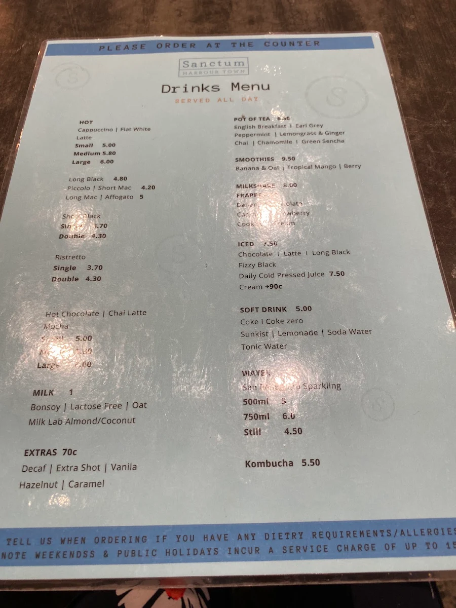 Menu, Sanctum Harbourtown