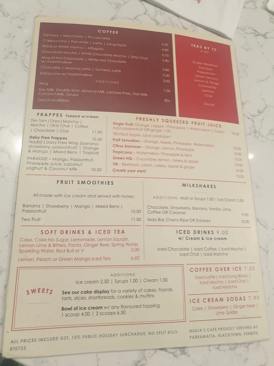 Menu, Nadia’s Cafe Blacktown