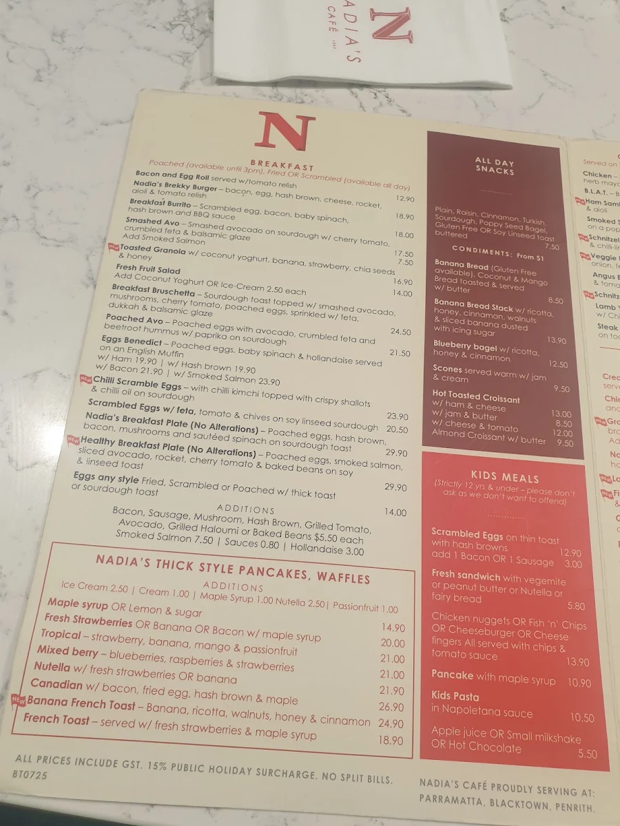 Menu, Nadia’s Cafe Blacktown
