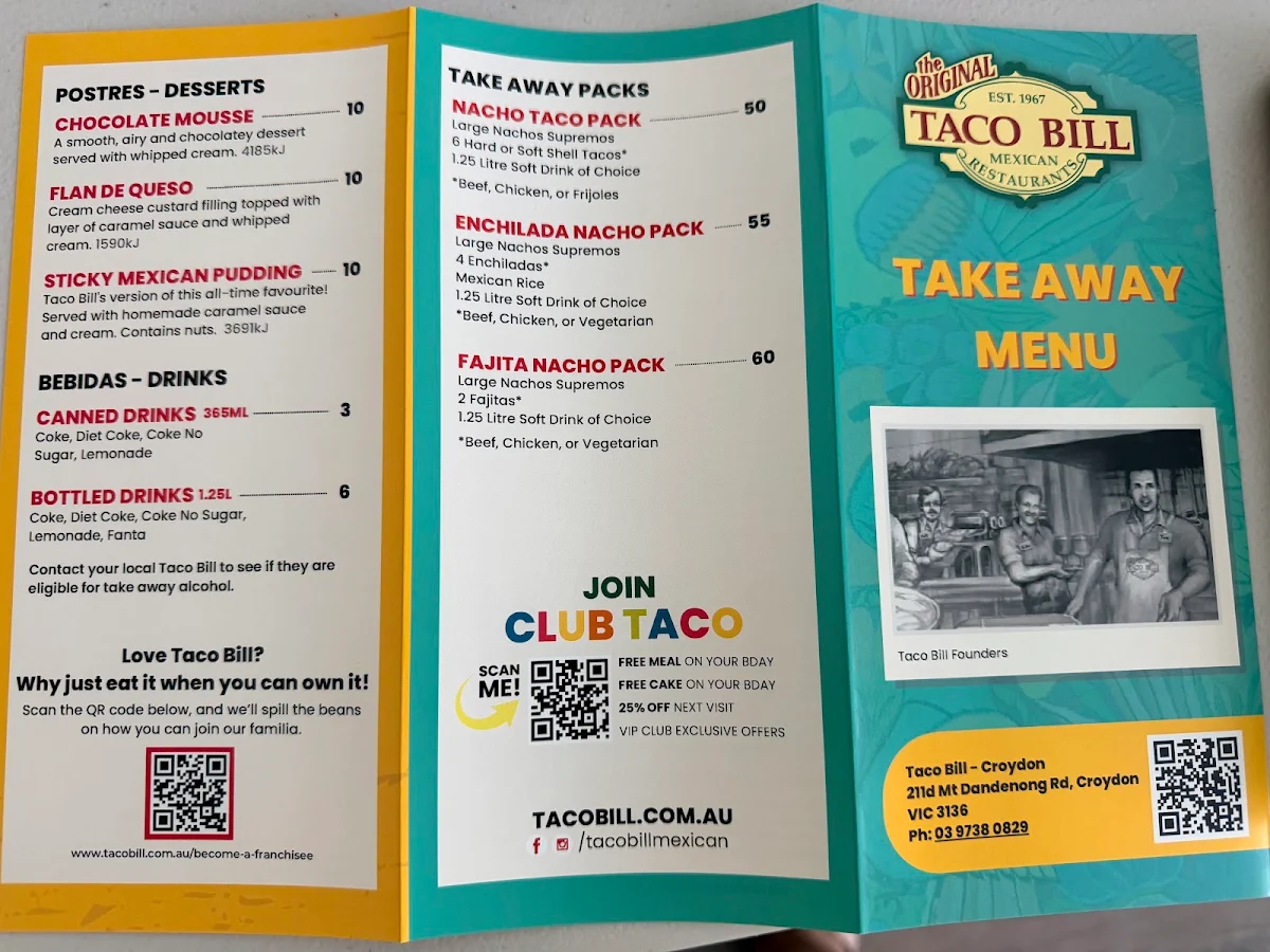 Menu, Taco Bill - Croydon