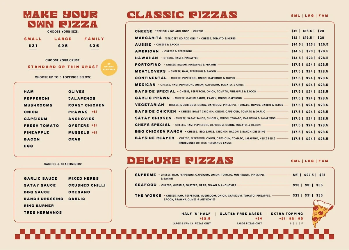 Menu, Bayside Pizza