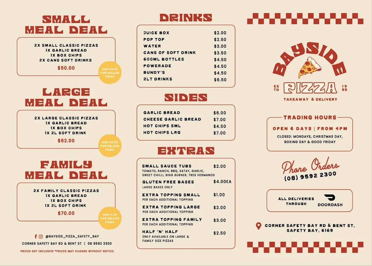 Menu, Bayside Pizza
