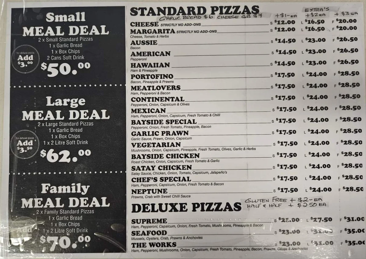 Menu, Bayside Pizza