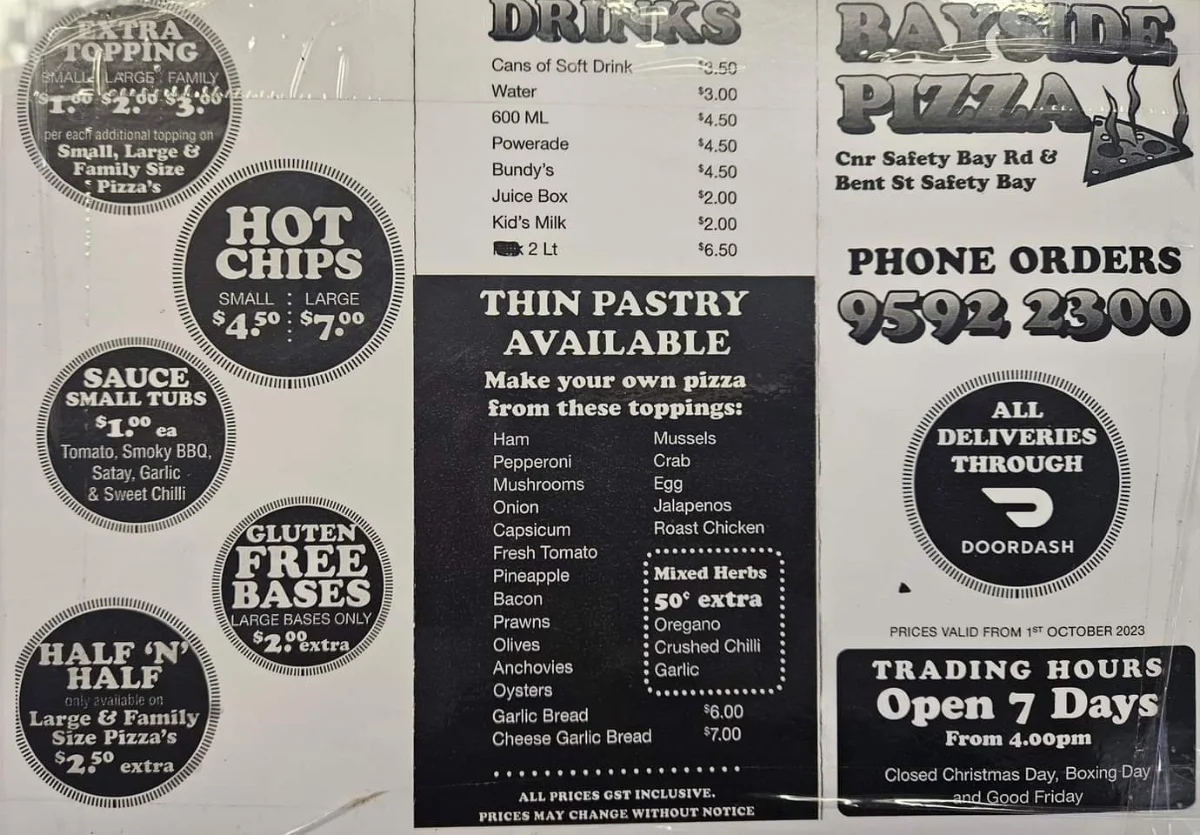 Menu, Bayside Pizza