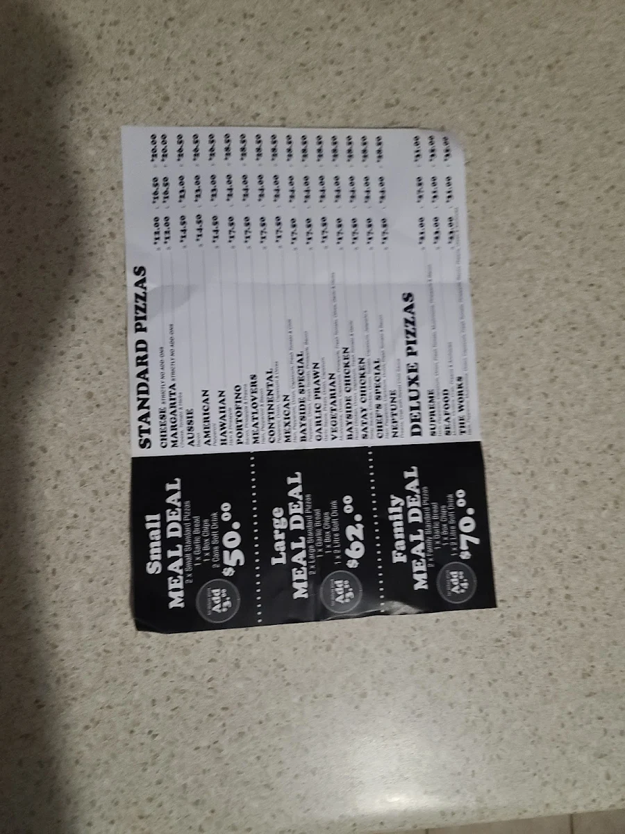 Menu, Bayside Pizza
