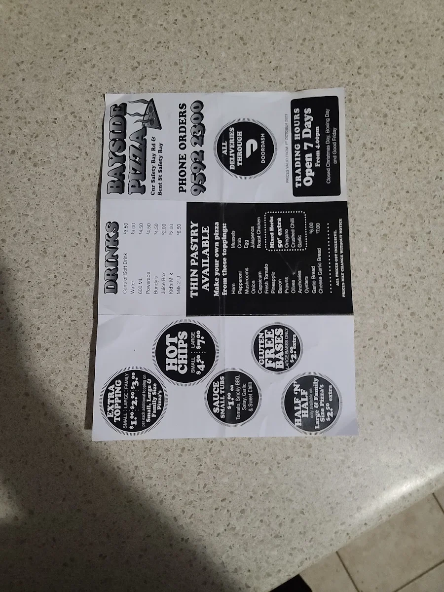 Menu, Bayside Pizza