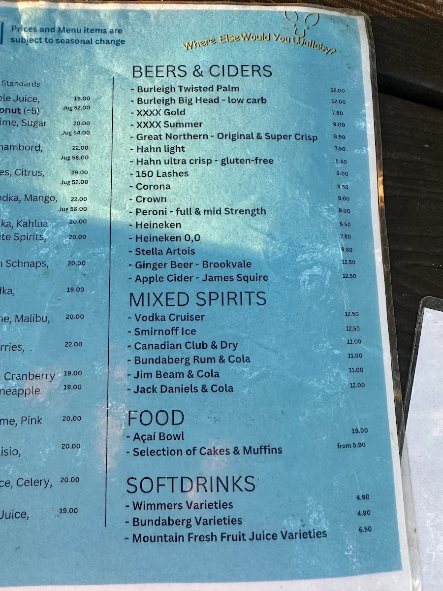 Menu, Tipplers cafe