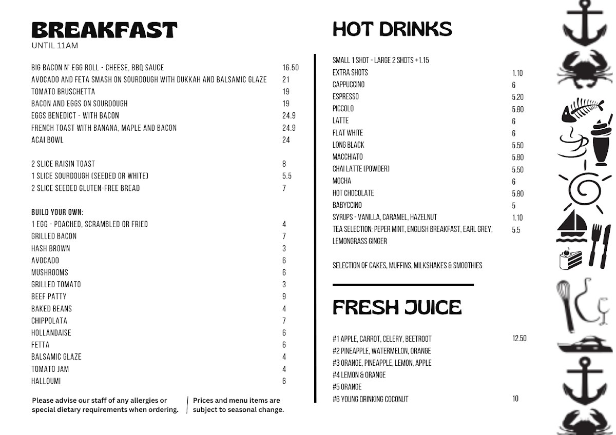Menu, Tipplers cafe