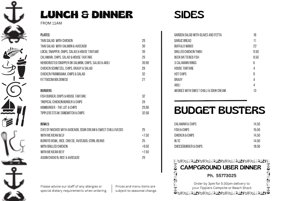Menu, Tipplers cafe