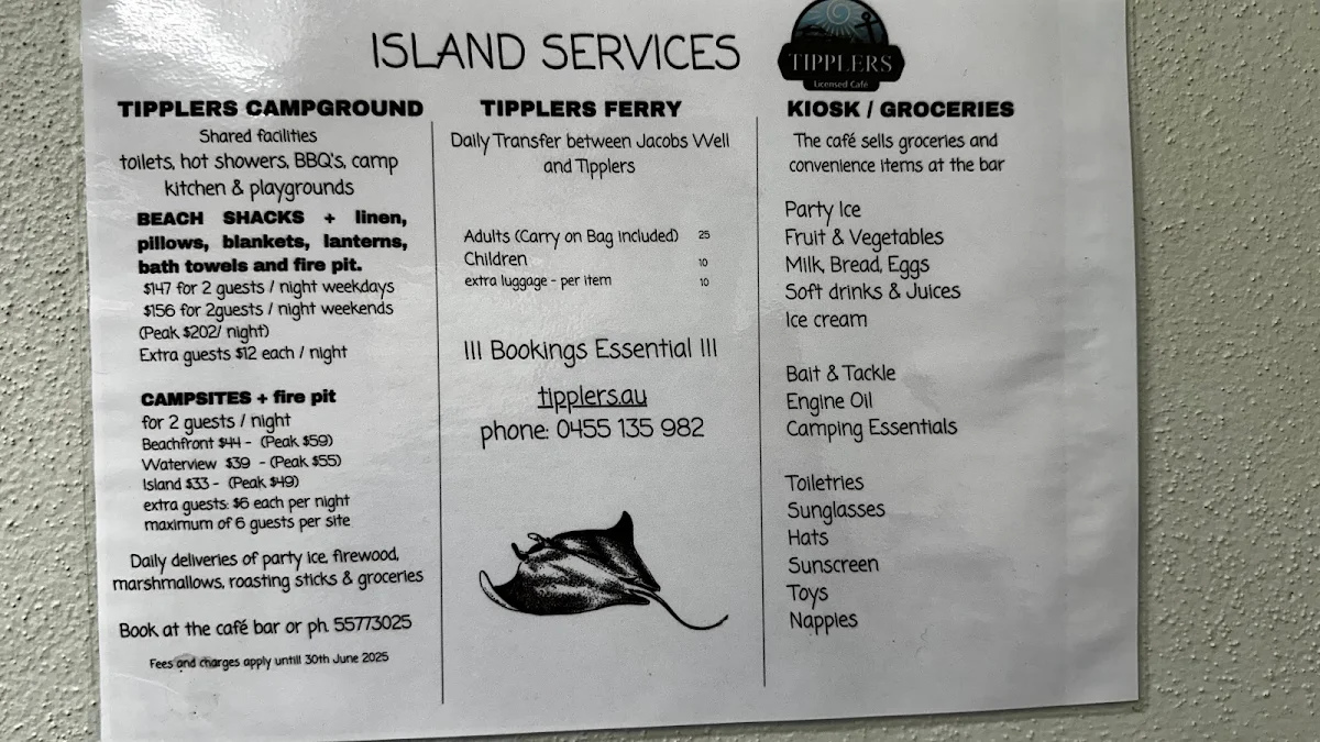 Menu, Tipplers cafe