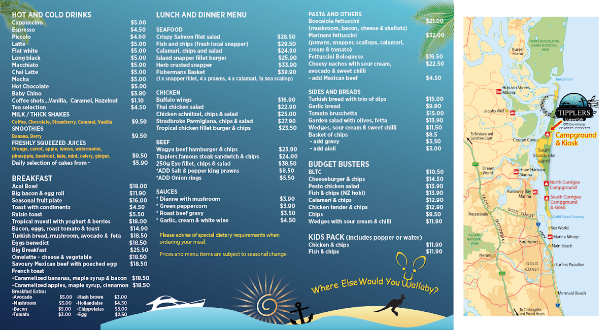 Menu, Tipplers cafe
