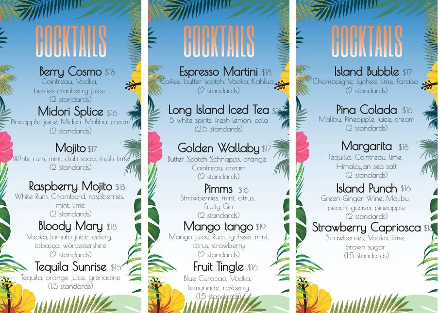 Menu, Tipplers cafe
