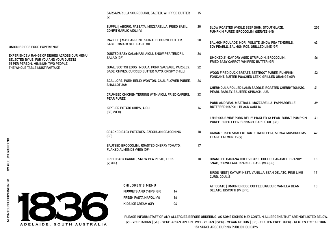 Menu, Union Bridge on Franklin