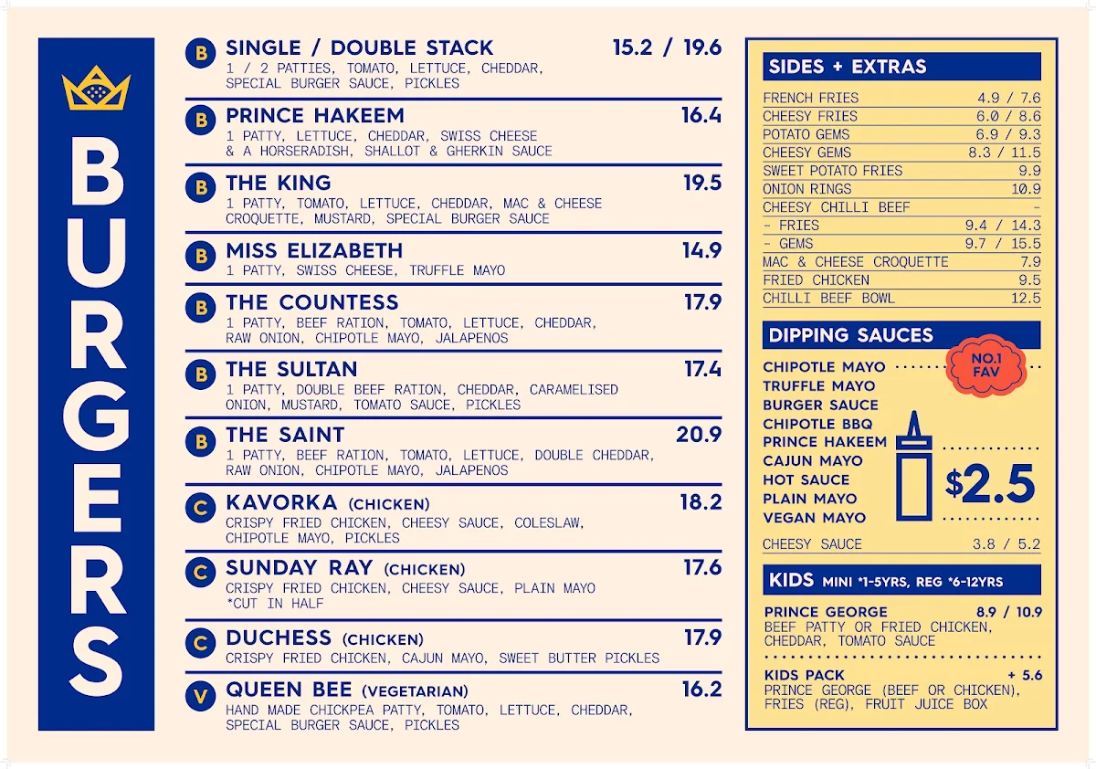 Menu, Royal Stacks Essendon