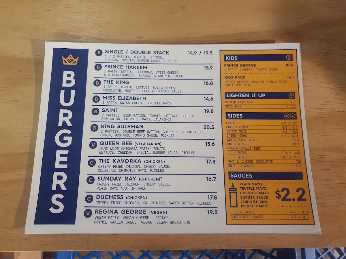 Menu, Royal Stacks Essendon
