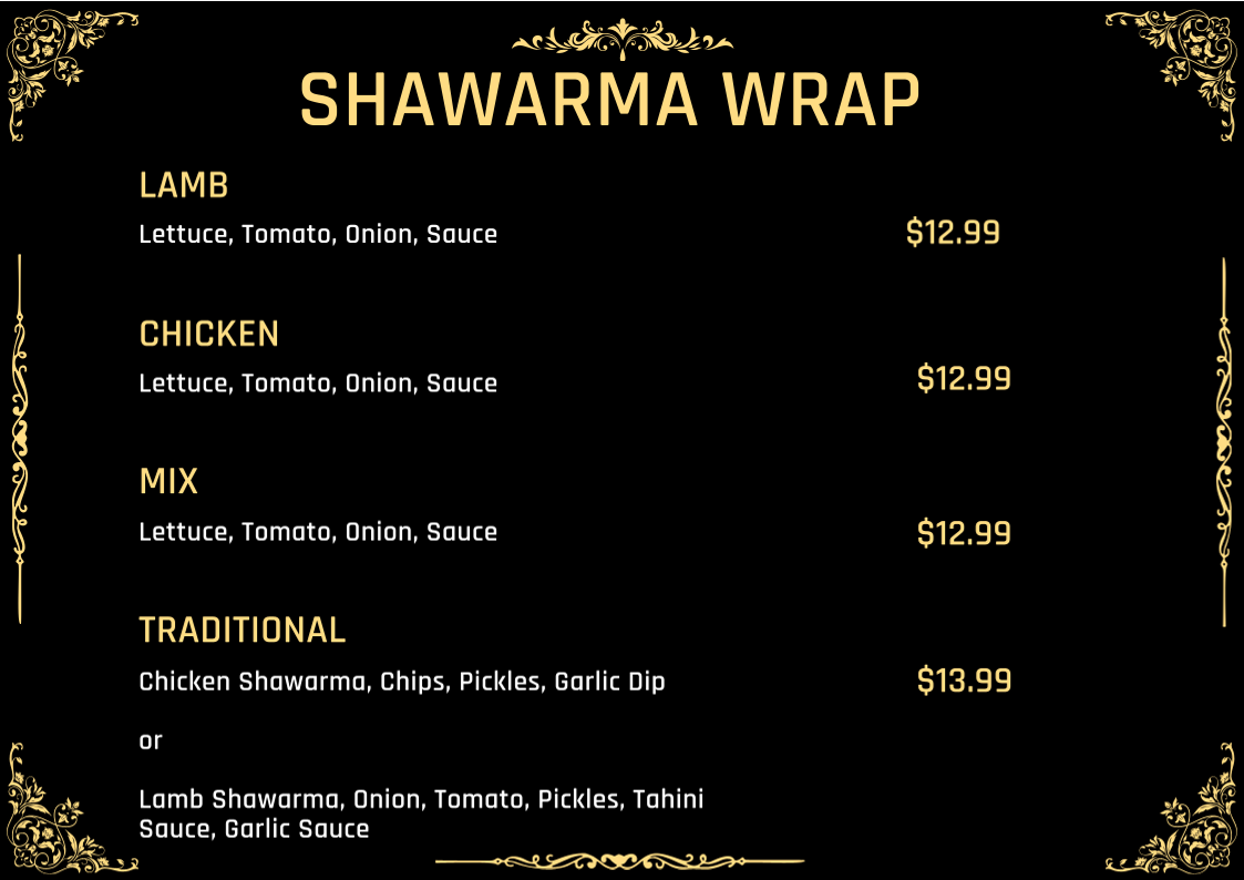 Menu, Ishtar Shawarma and Grill