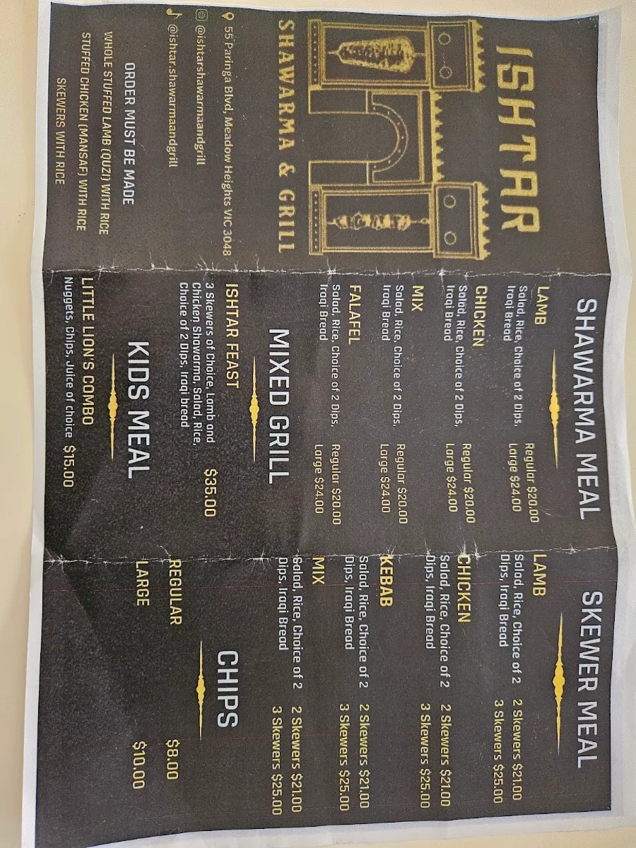 Menu, Ishtar Shawarma and Grill