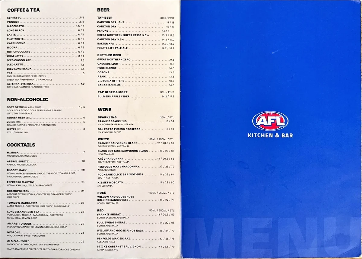 Menu, AFL Kitchen & Bar