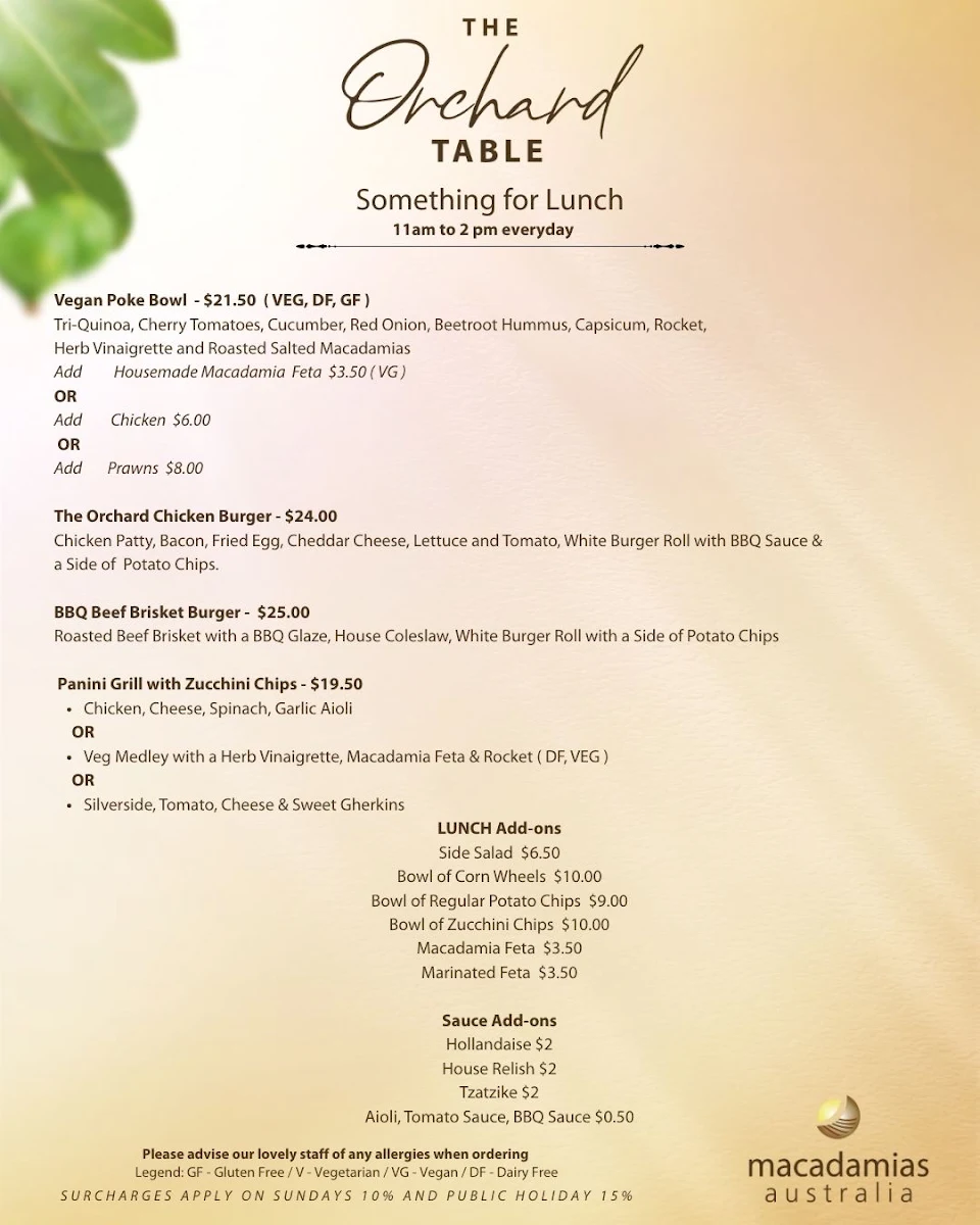 Menu, The Orchard Table