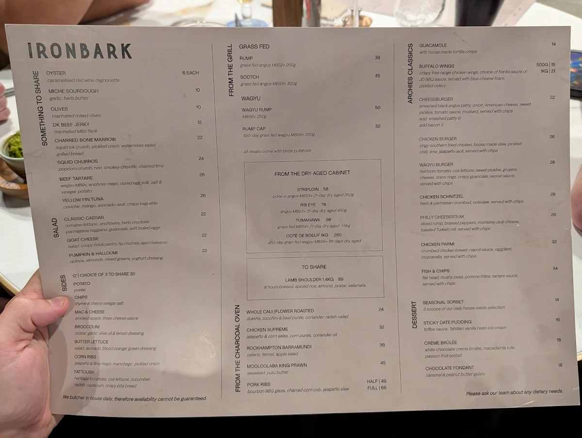 Menu, Ironbark @ Archies