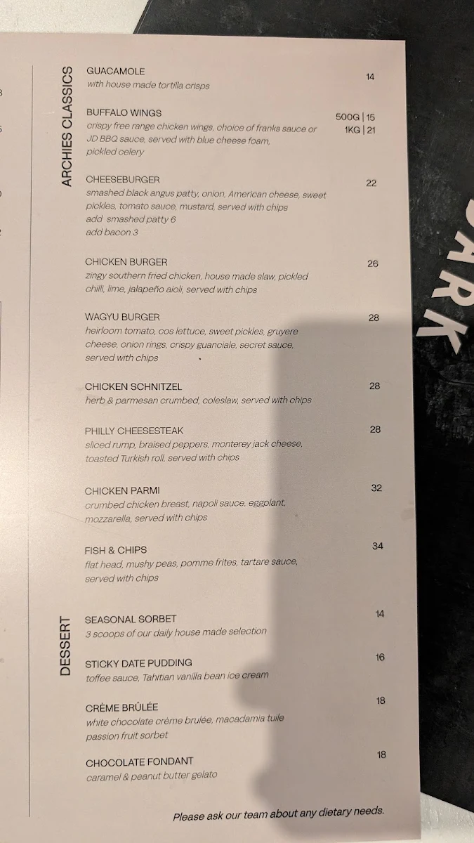 Menu, Ironbark @ Archies
