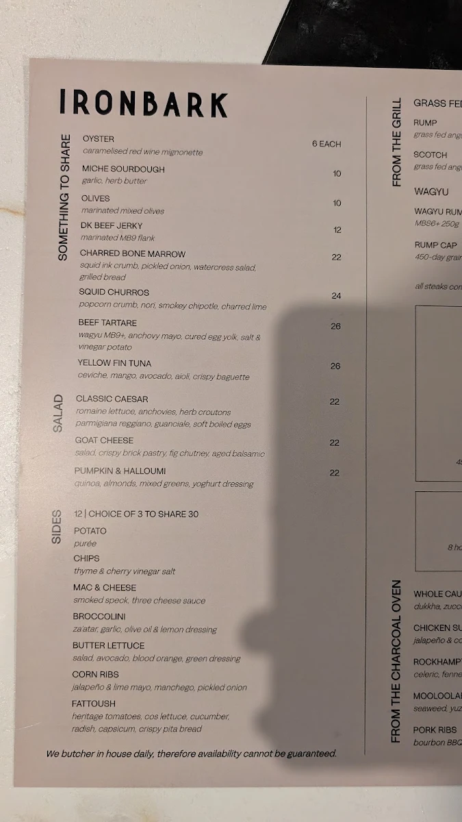 Menu, Ironbark @ Archies