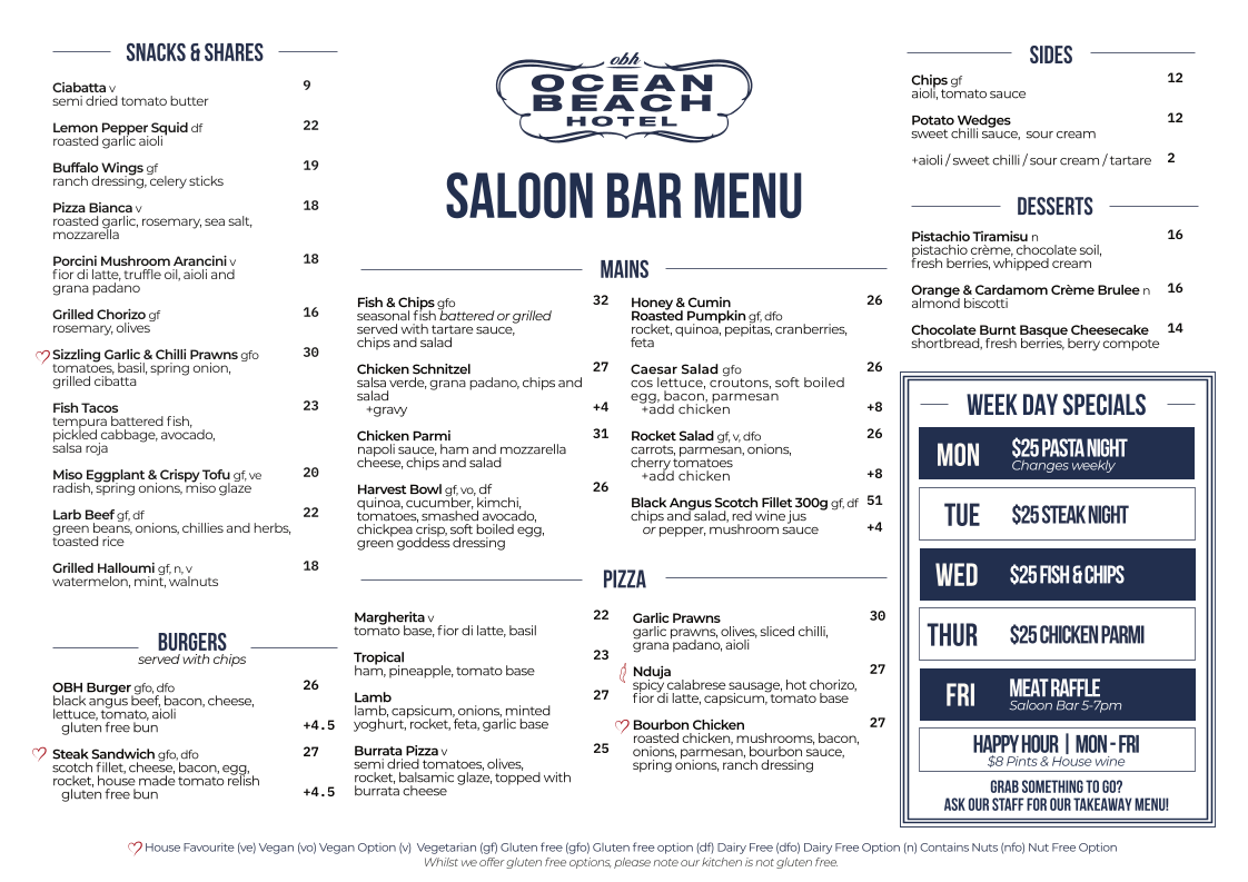 Menu, Saloon Bar Ocean Beach Hotel
