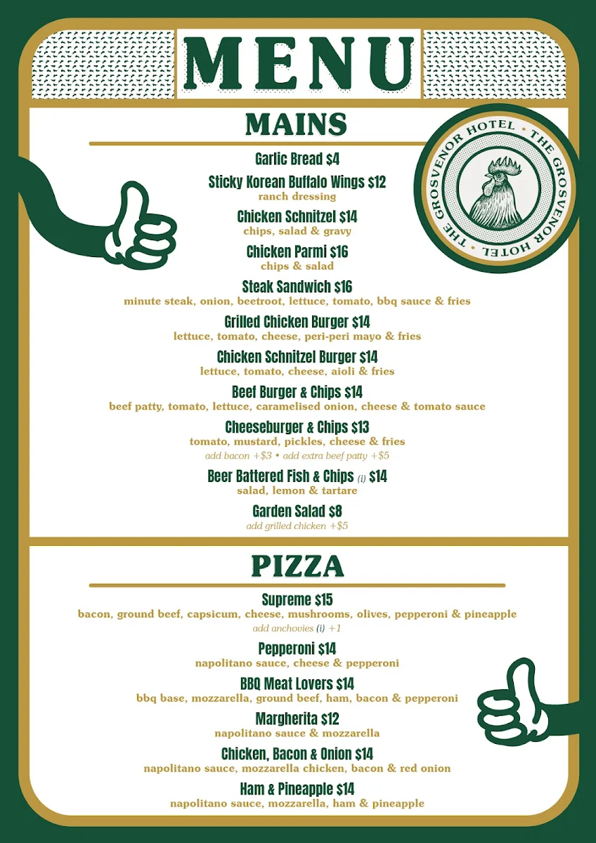 Menu, Grosvenor Hotel
