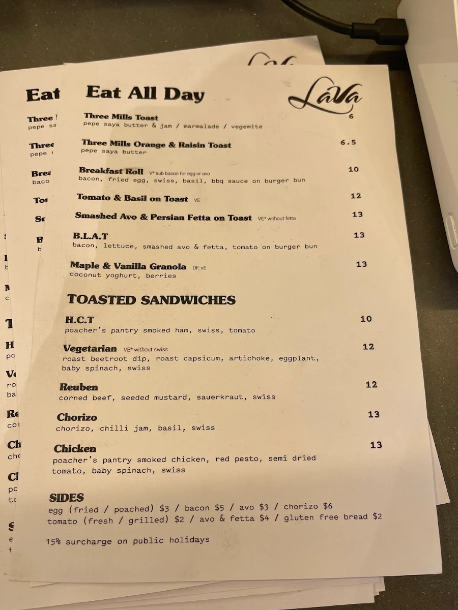 Menu, Lava Coffee