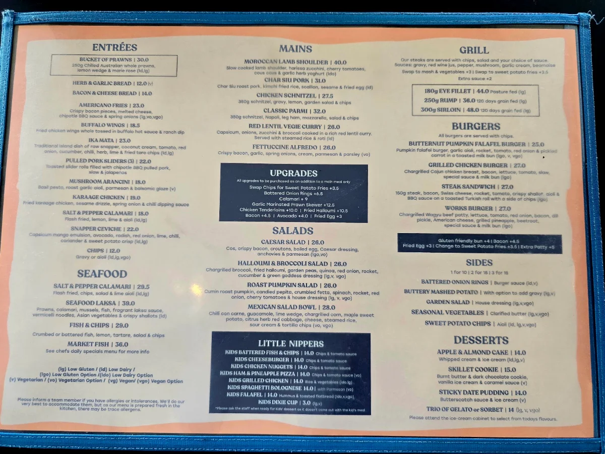 Menu, Trinity Beach Tavern
