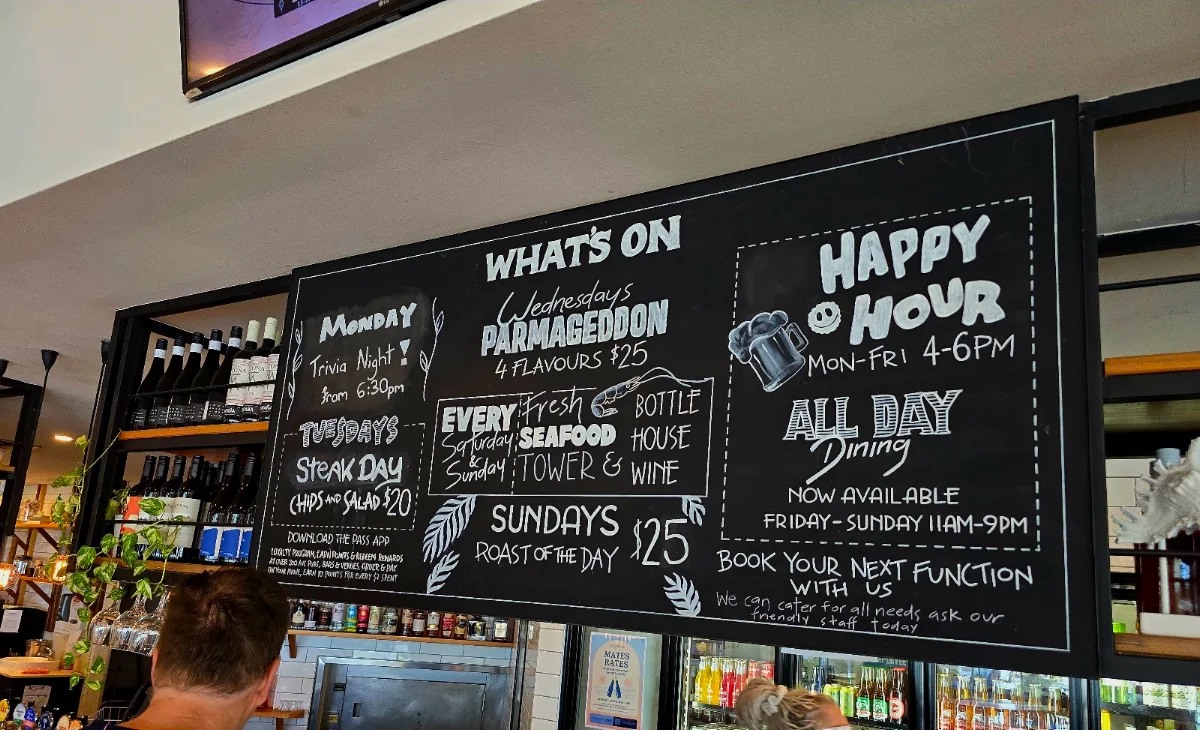 Menu, Trinity Beach Tavern