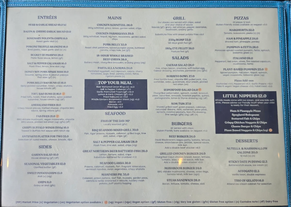 Menu, Trinity Beach Tavern