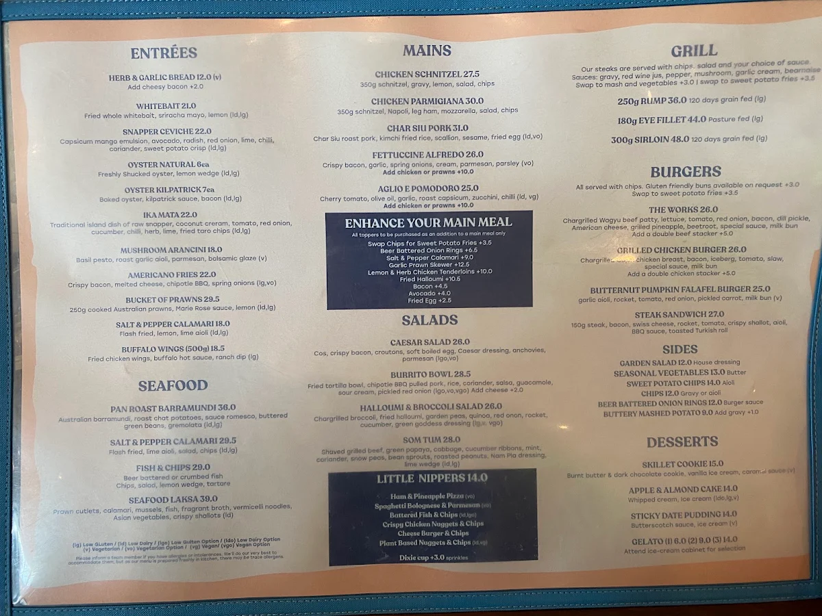 Menu, Trinity Beach Tavern
