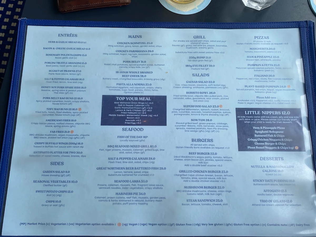 Menu, Trinity Beach Tavern